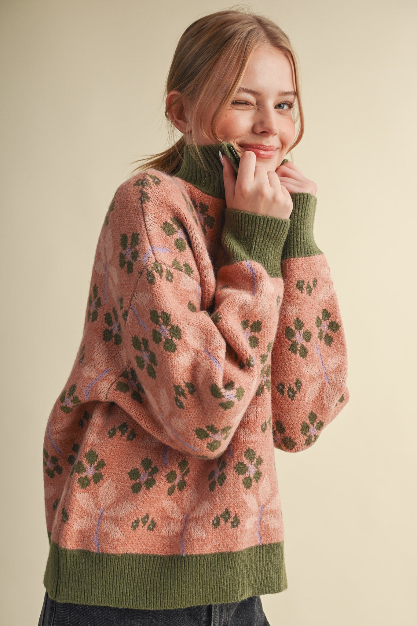 Petal Quarter Floral Half-Zip Sweater in Mauve Olive - product photo 8