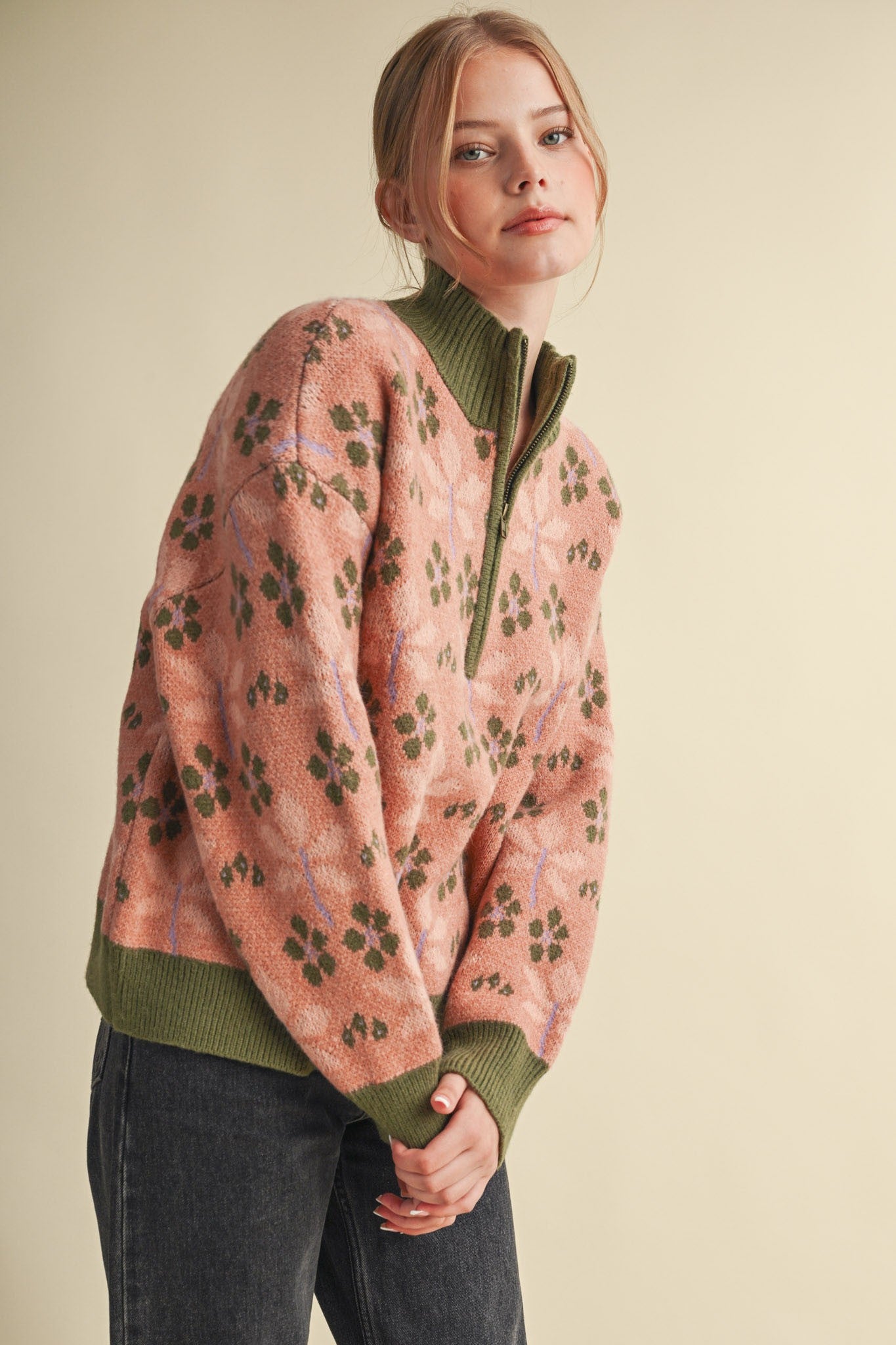 Petal Quarter Floral Half-Zip Sweater in Mauve Olive - product photo 9