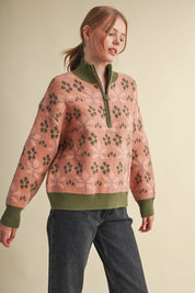 Petal Quarter Floral Half-Zip Sweater in Mauve Olive - product photo 10