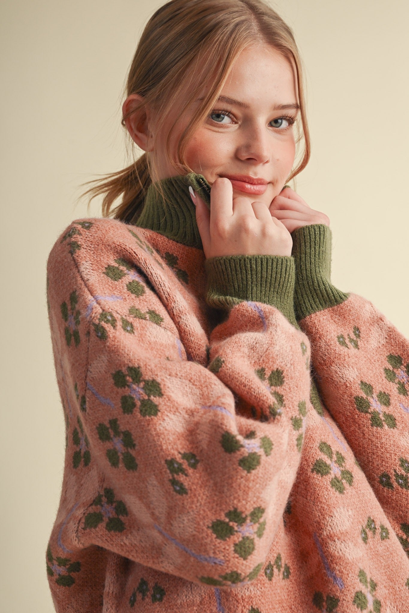 Petal Quarter Floral Half-Zip Sweater in Mauve Olive - product photo 14