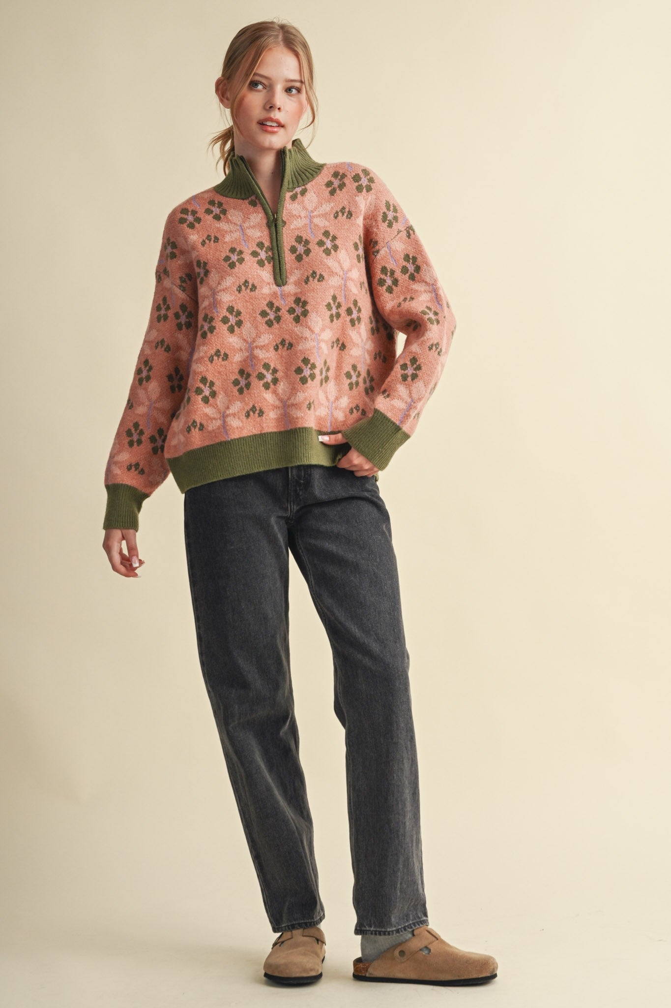Petal Quarter Floral Half-Zip Sweater in Mauve Olive - product photo 16
