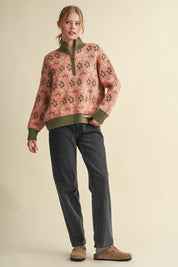 Petal Quarter Floral Half-Zip Sweater in Mauve Olive - product photo 16