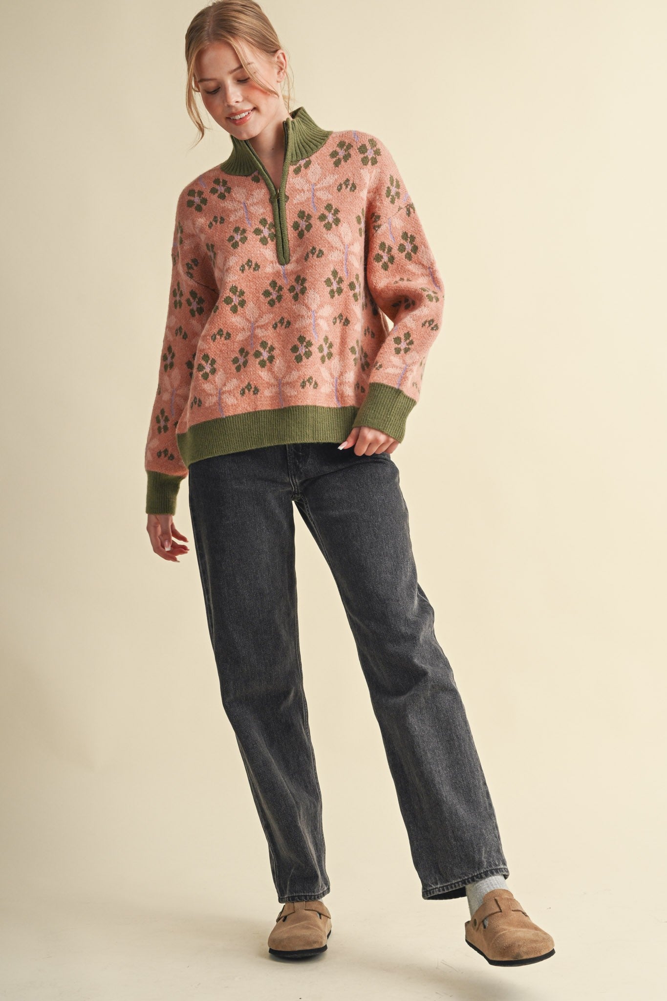 Petal Quarter Floral Half-Zip Sweater in Mauve Olive - product photo 17