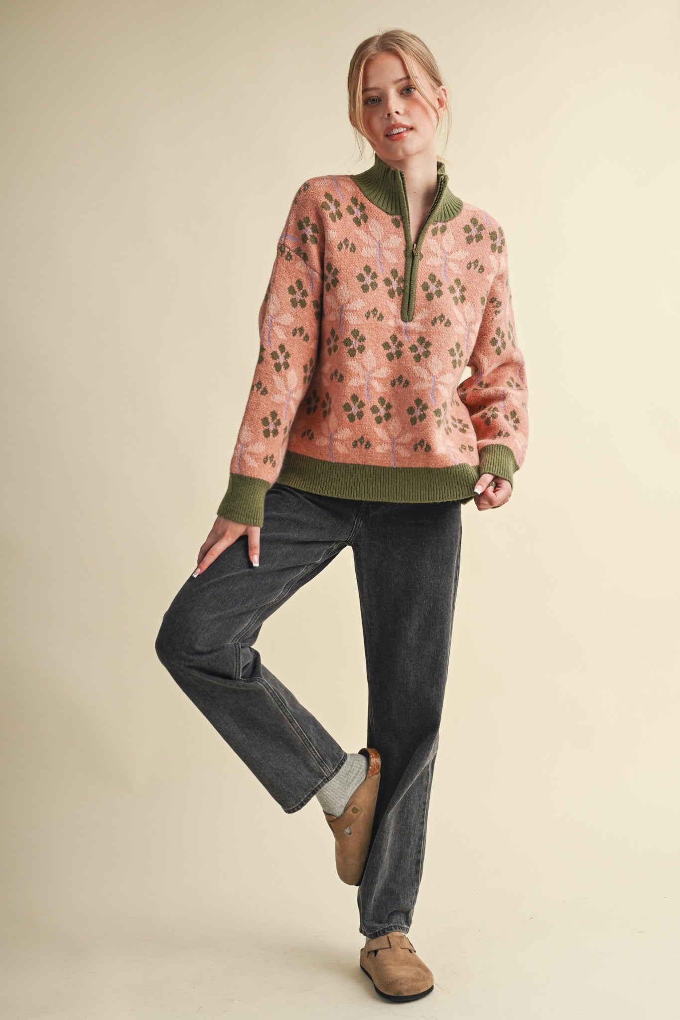 Petal Quarter Floral Half-Zip Sweater in Mauve Olive - product photo 19