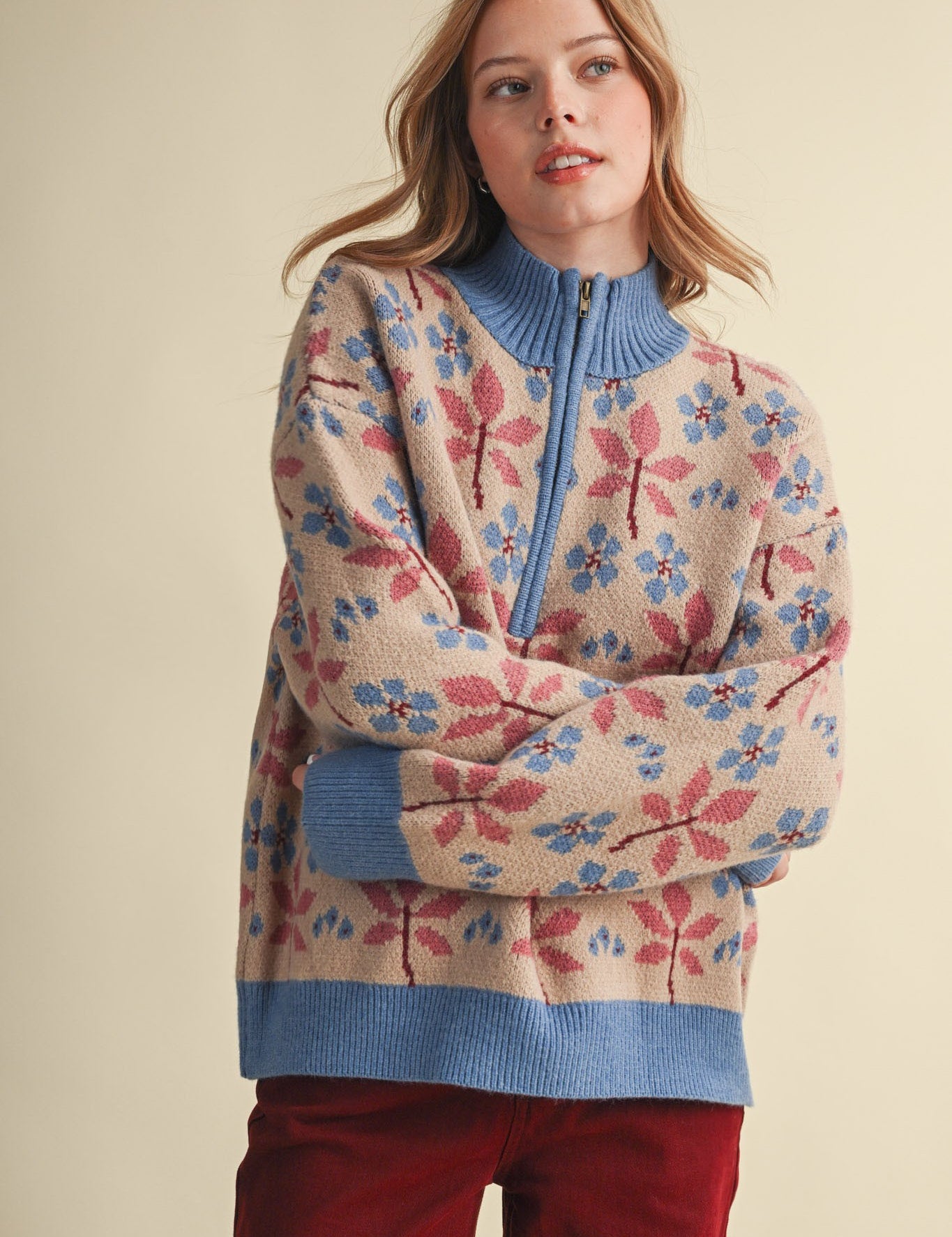 Petal Quarter Floral Half-Zip Sweater in Taupe Blue - product photo 1
