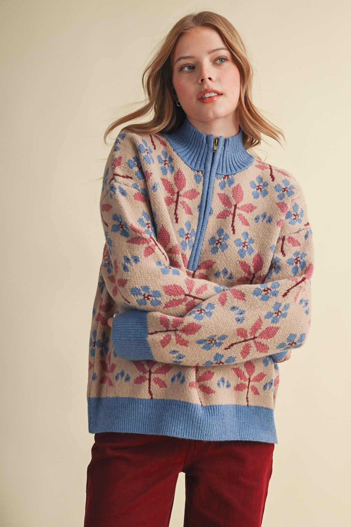 Petal Quarter Floral Half-Zip Sweater in Taupe Blue - product photo 1