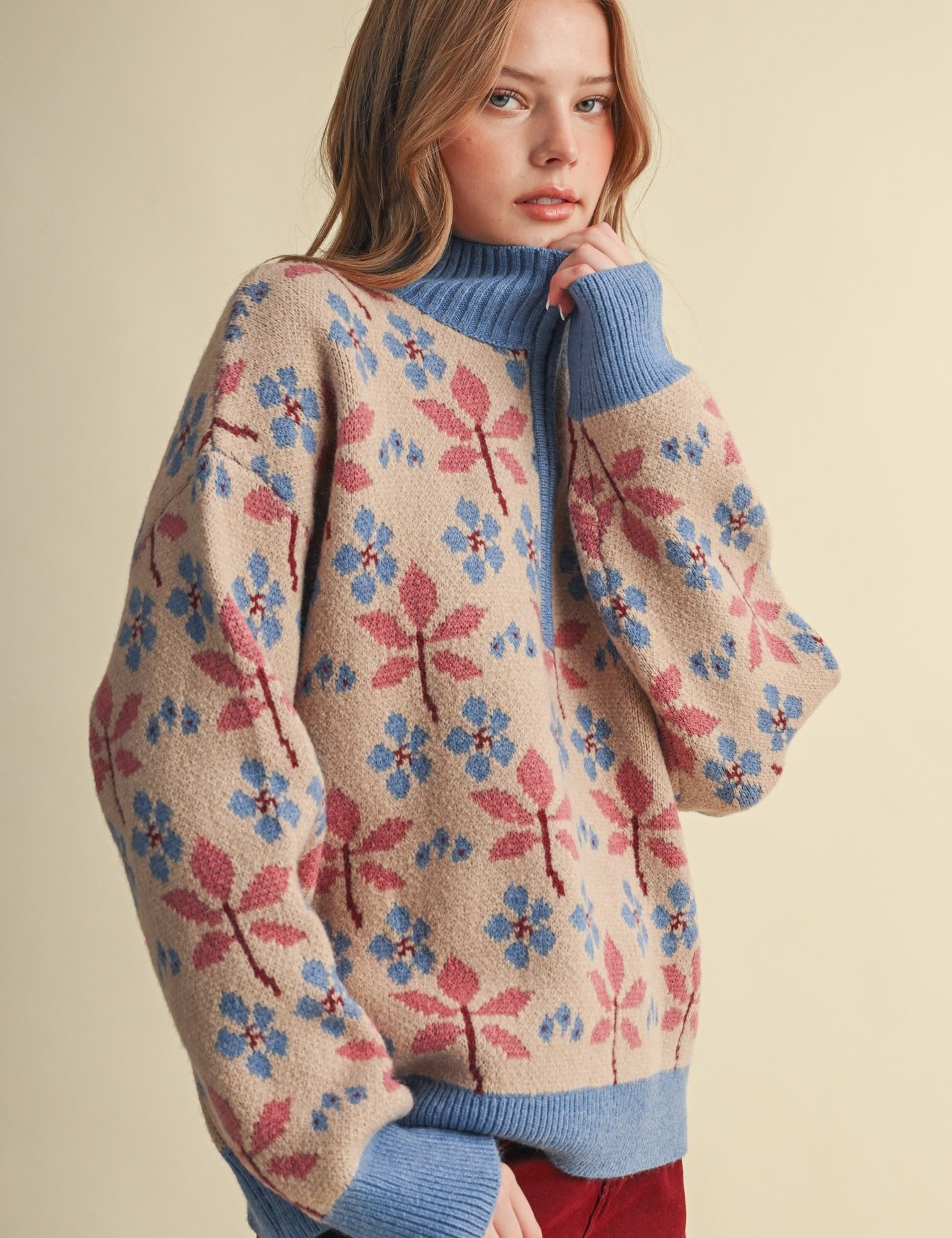 Petal Quarter Floral Half-Zip Sweater in Taupe Blue - product photo 2