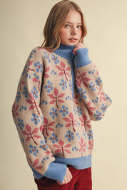 Petal Quarter Floral Half-Zip Sweater in Taupe Blue - product photo 2