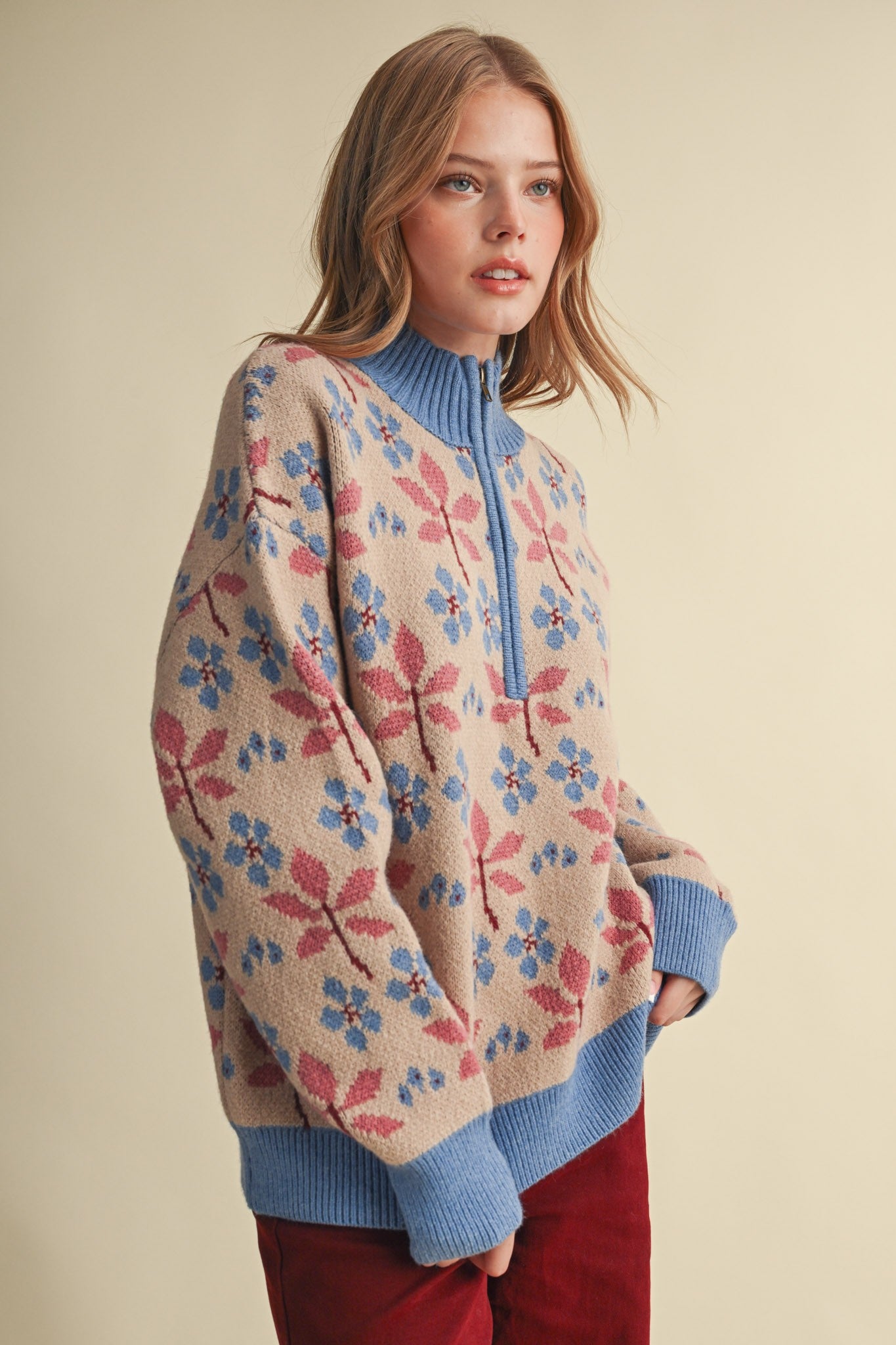 Petal Quarter Floral Half-Zip Sweater in Taupe Blue - product photo 3