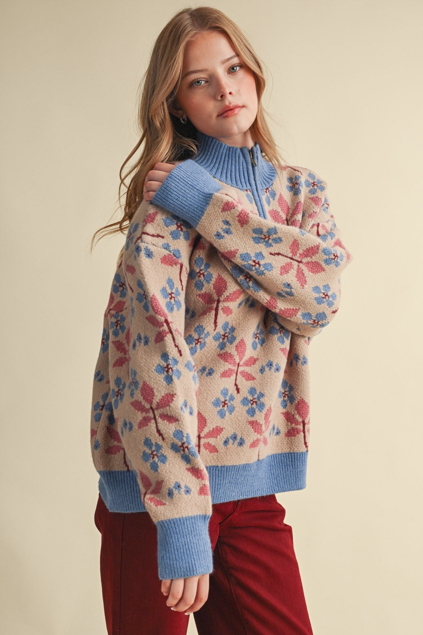 Petal Quarter Floral Half-Zip Sweater in Taupe Blue - product photo 4