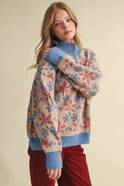 Petal Quarter Floral Half-Zip Sweater in Taupe Blue - product photo 4