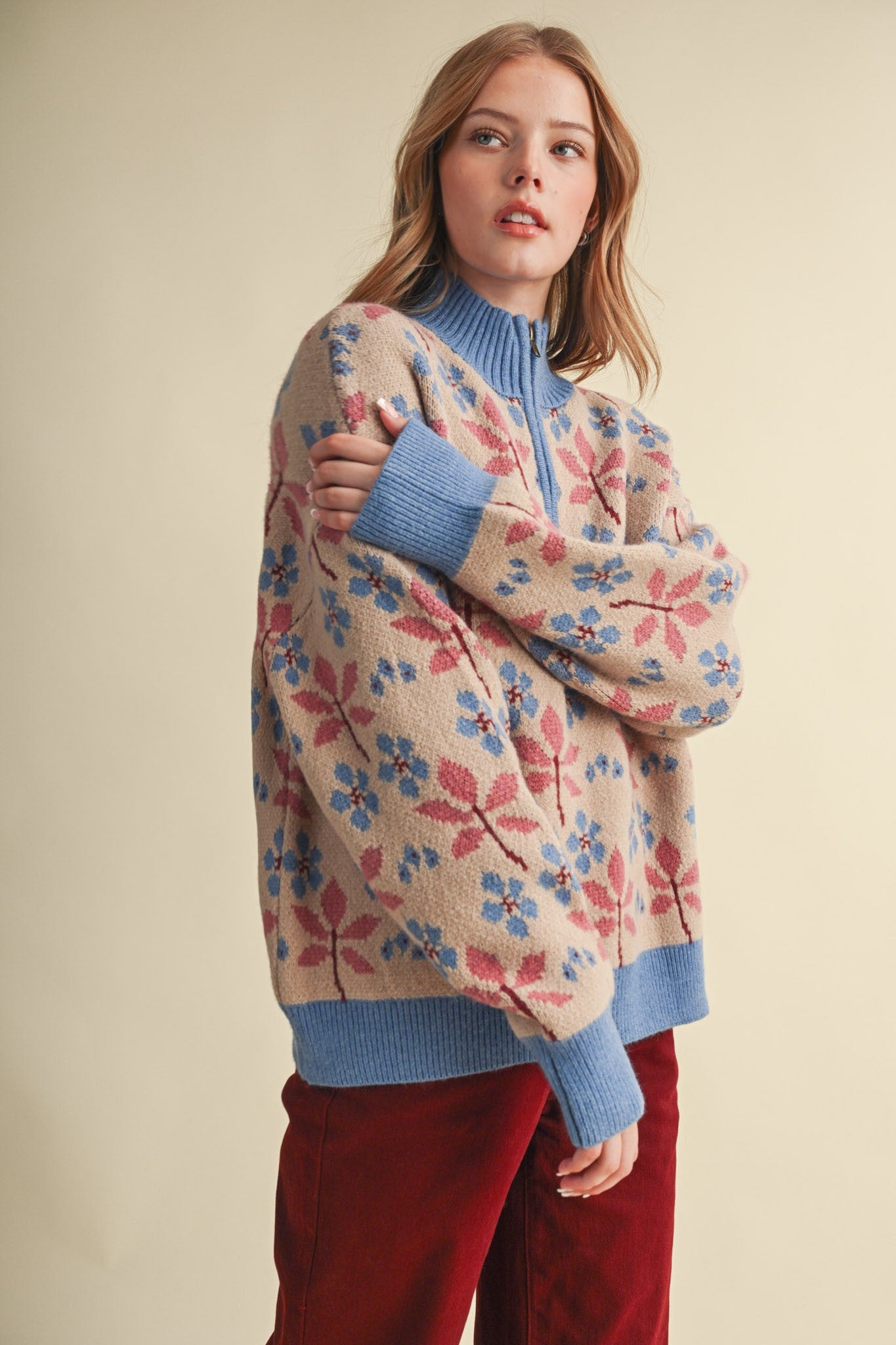 Petal Quarter Floral Half-Zip Sweater in Taupe Blue - product photo 5