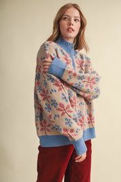 Petal Quarter Floral Half-Zip Sweater in Taupe Blue - product photo 5