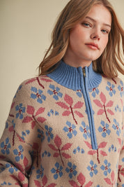 Petal Quarter Floral Half-Zip Sweater in Taupe Blue - product photo 7