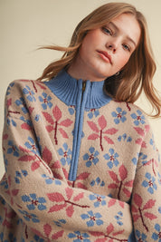 Petal Quarter Floral Half-Zip Sweater in Taupe Blue - product photo 8