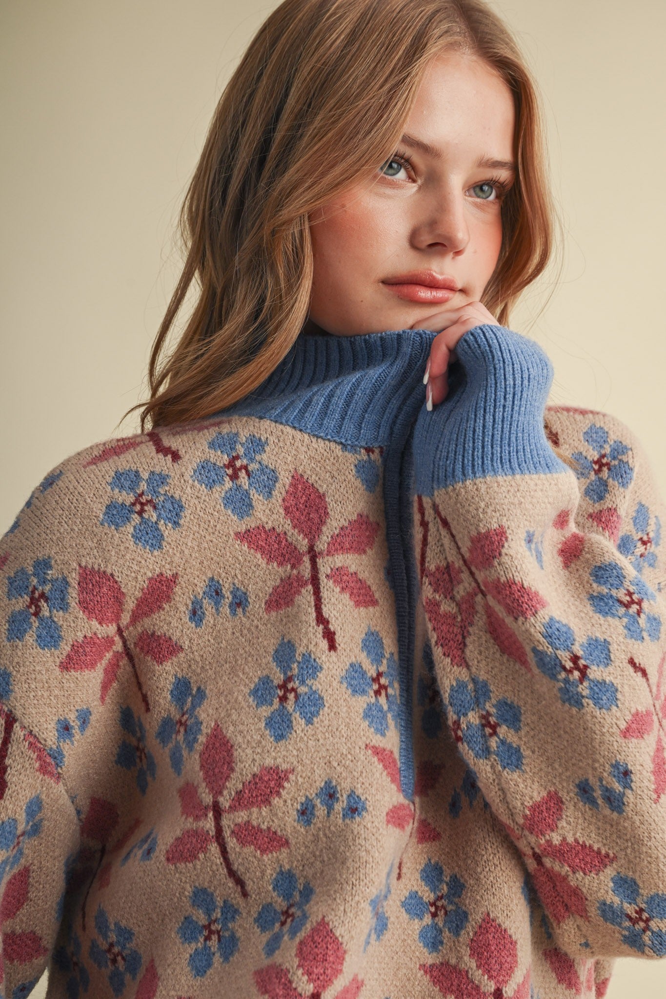 Petal Quarter Floral Half-Zip Sweater in Taupe Blue - product photo 9