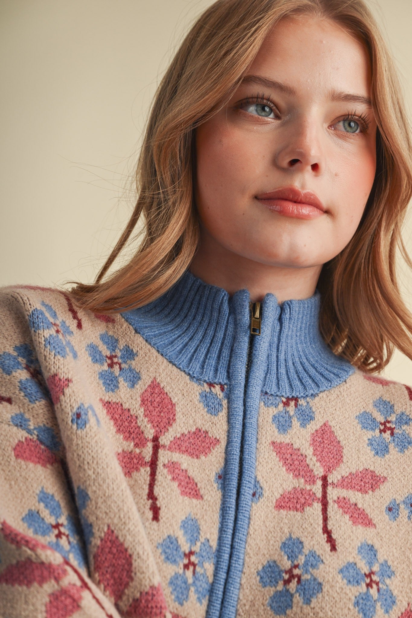Petal Quarter Floral Half-Zip Sweater in Taupe Blue - product photo 10