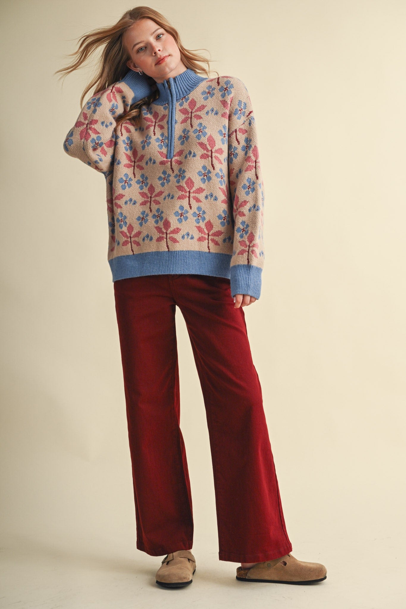 Petal Quarter Floral Half-Zip Sweater in Taupe Blue - product photo 12