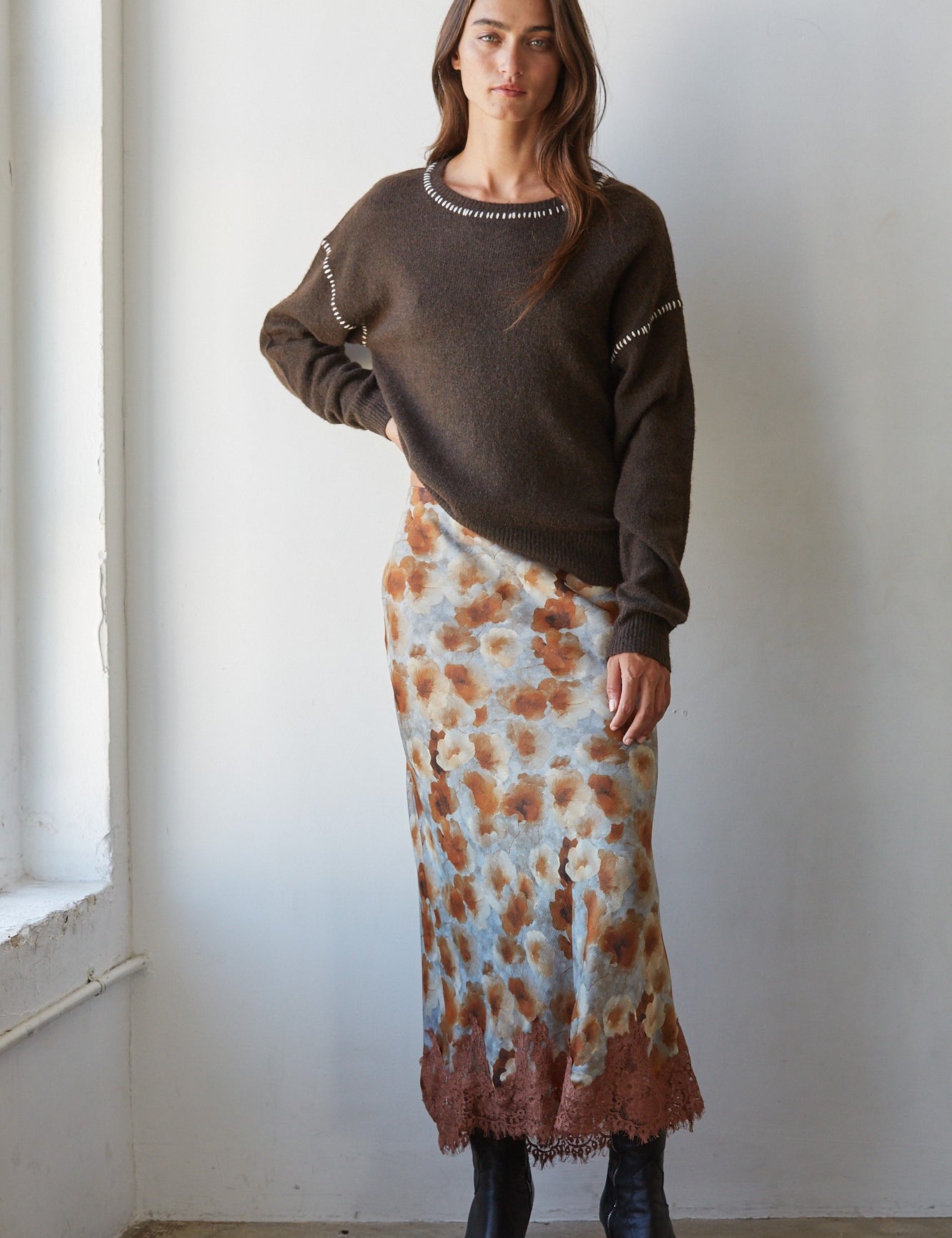 Petal Sketch Lace Trim Midi Skirt in Grey Camel - product photo 2