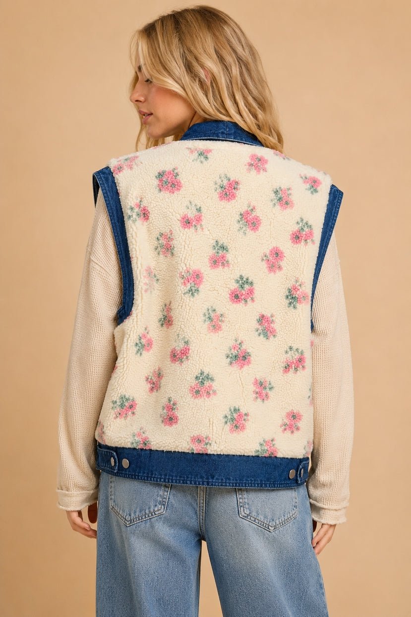 Petaluma Floral Print Denim Sherpa Teddy Vest - Westly