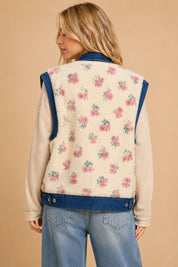 Petaluma Floral Print Denim Sherpa Teddy Vest - Westly