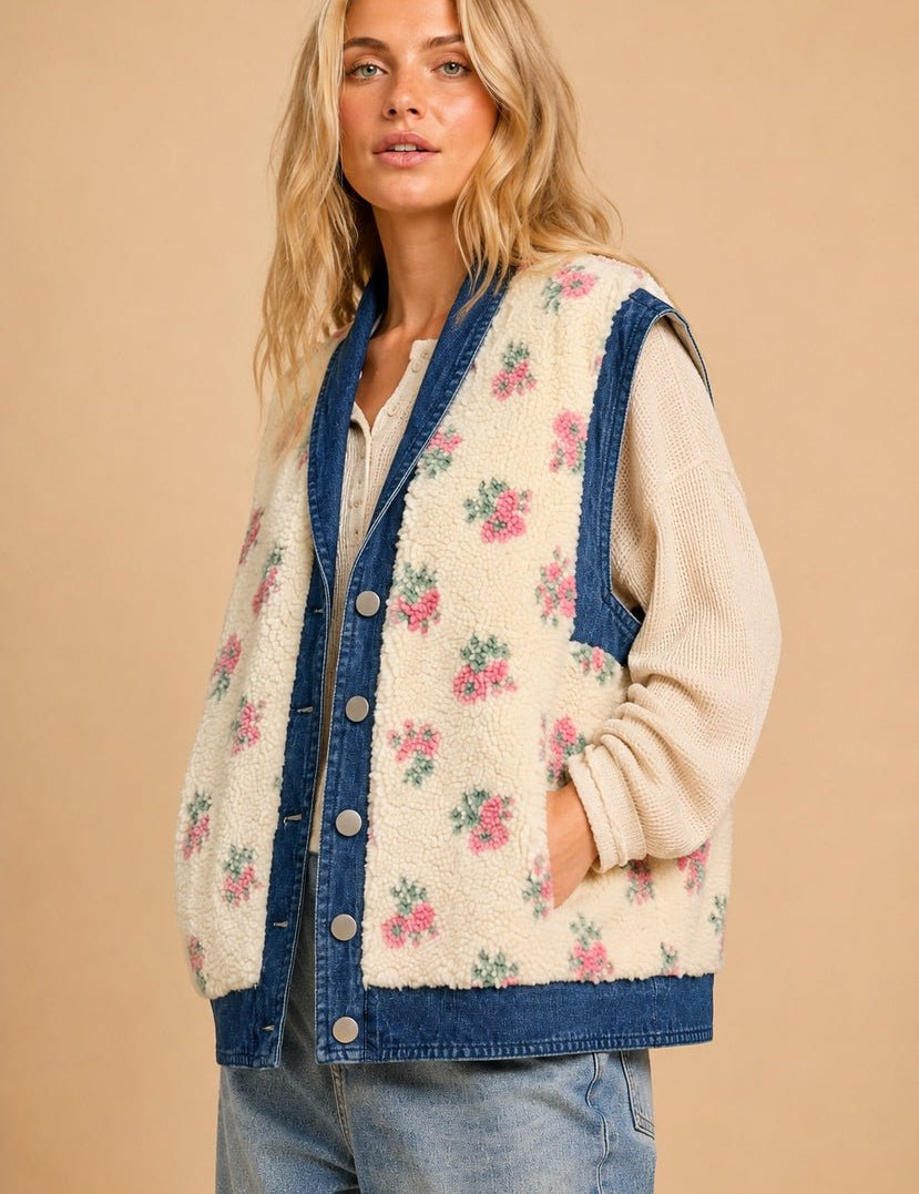 Petaluma Floral Print Denim Sherpa Teddy Vest - Westly