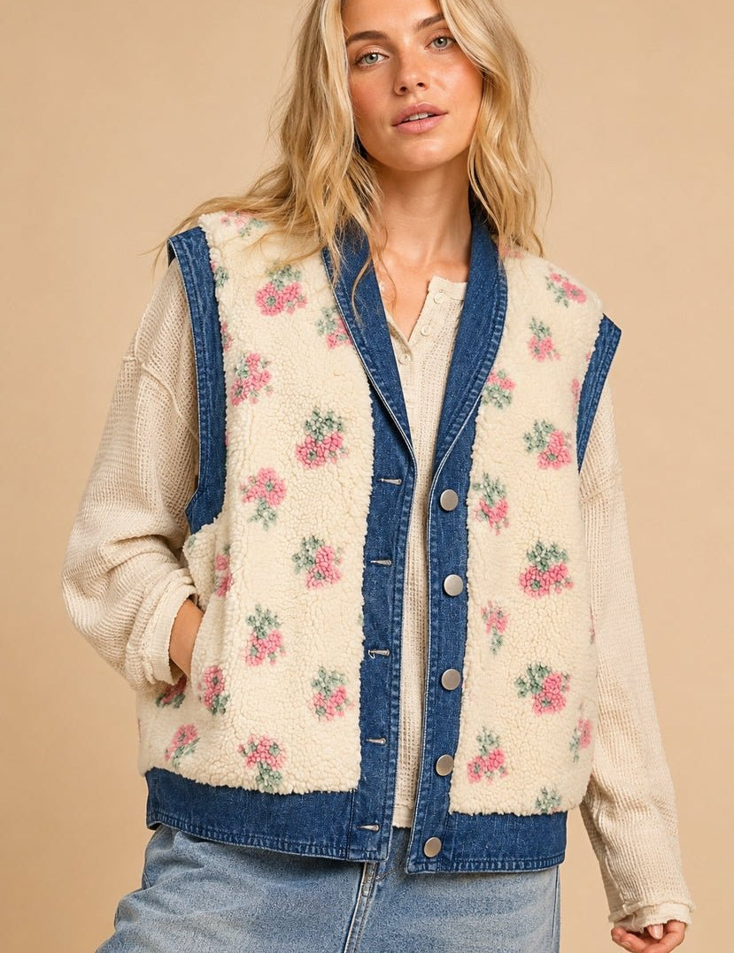 Petaluma Floral Print Denim Sherpa Teddy Vest - Westly
