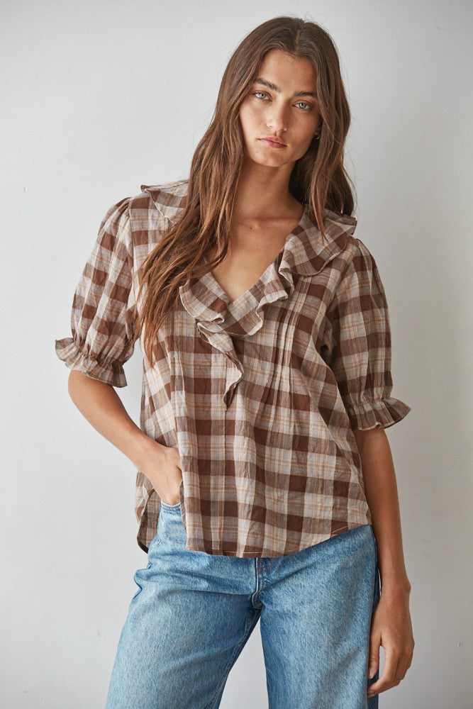 Picnic Hour Ruffle Check Blouse in Brown Cream - product photo 1