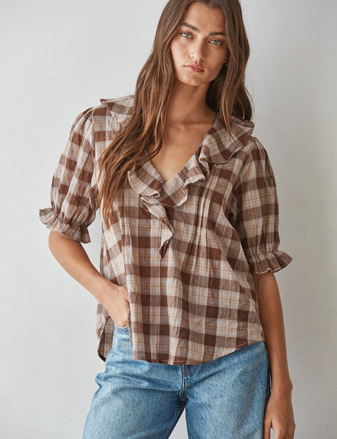Picnic Hour Ruffle Check Blouse in Brown Cream - product photo 1