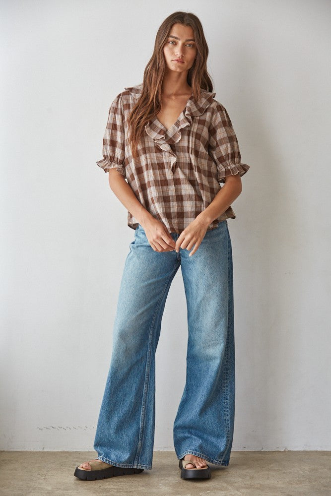 Picnic Hour Ruffle Check Blouse in Brown Cream - product photo 2