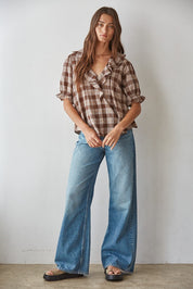 Picnic Hour Ruffle Check Blouse in Brown Cream - product photo 2