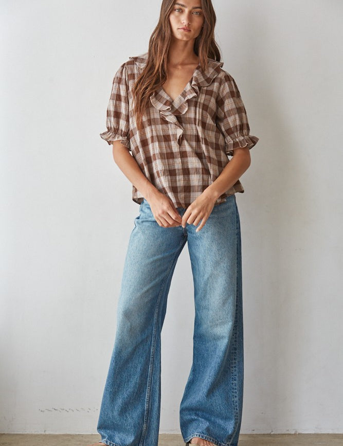 Picnic Hour Ruffle Check Blouse in Brown Cream - product photo 2