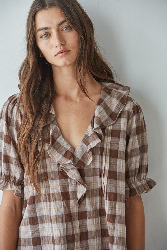 Picnic Hour Ruffle Check Blouse in Brown Cream - product photo 4