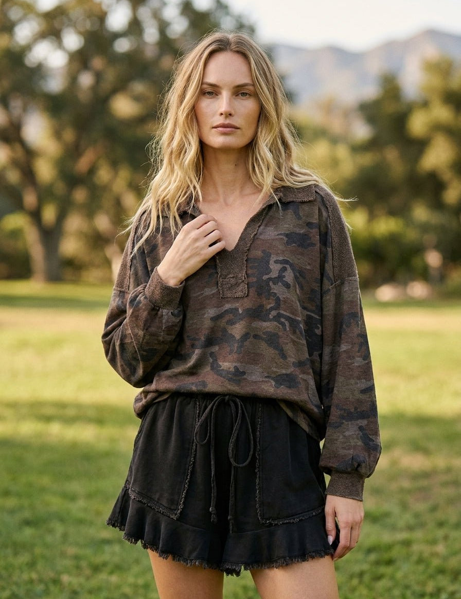 Pinecrest Mineral Washed Camo Oversized Collared Shirt - Westly