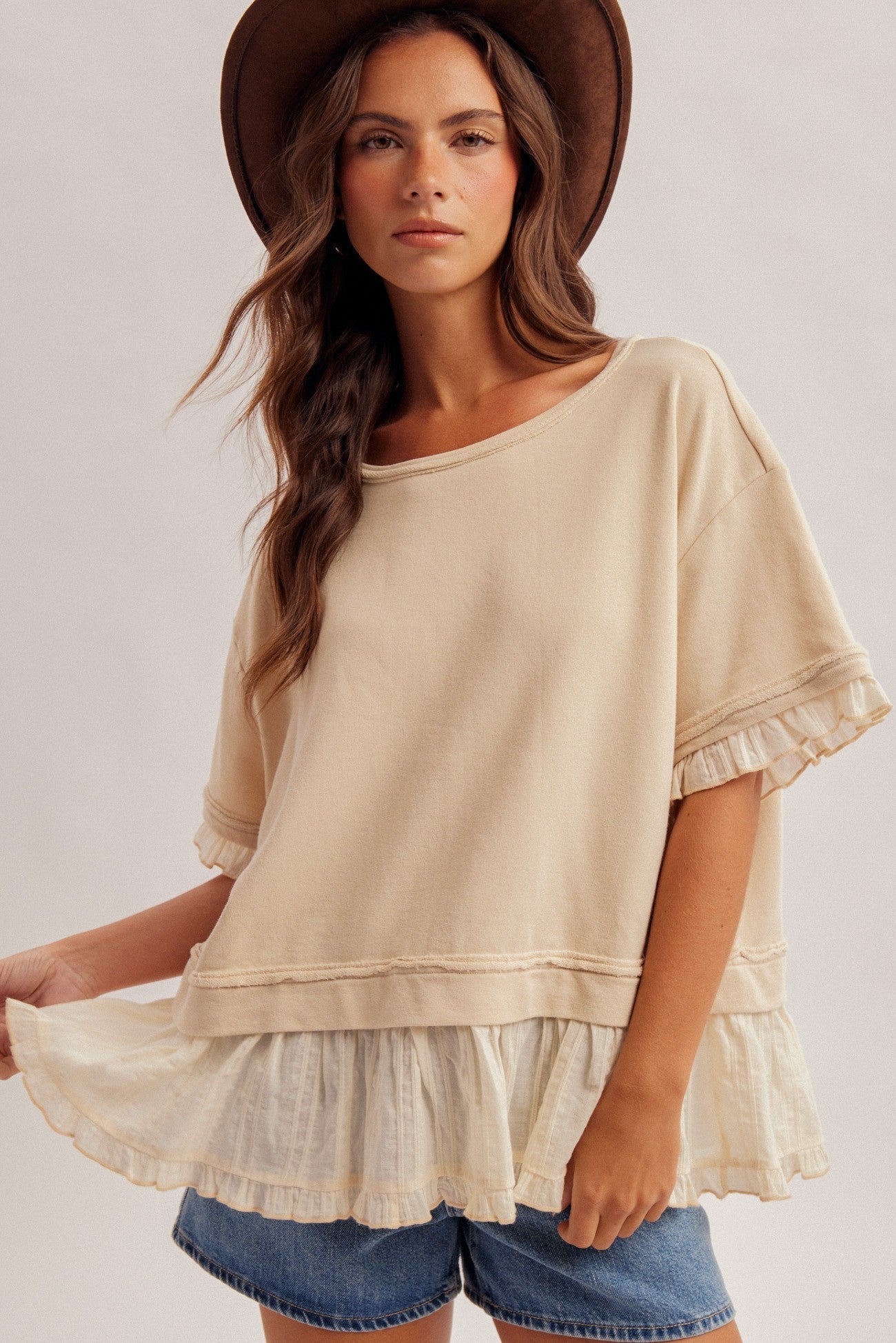 Piper Ruffle Layer Contrast Loose Fit Terry Top - Westly