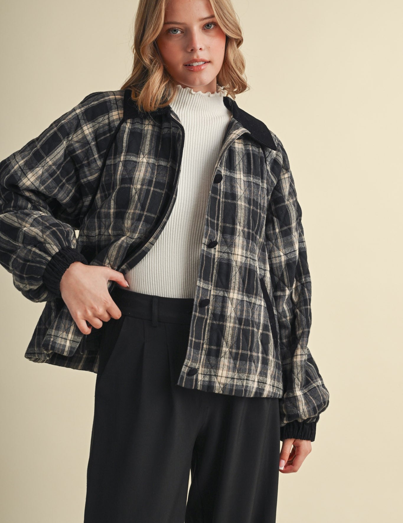 Plaid Country Quilted Jacket in Black Multi Plaid - product photo 1