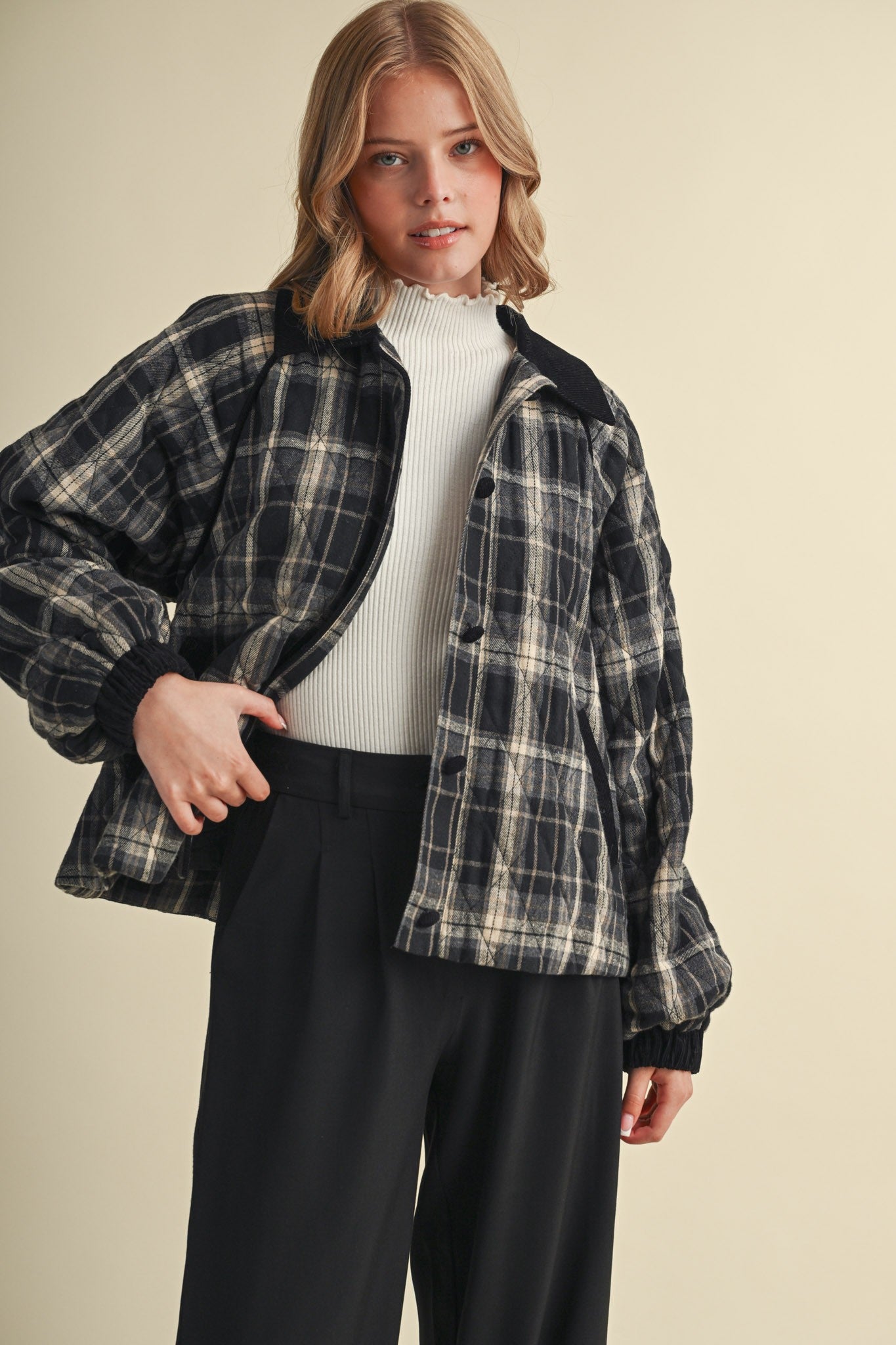 Plaid Country Quilted Jacket in Black Multi Plaid - product photo 1