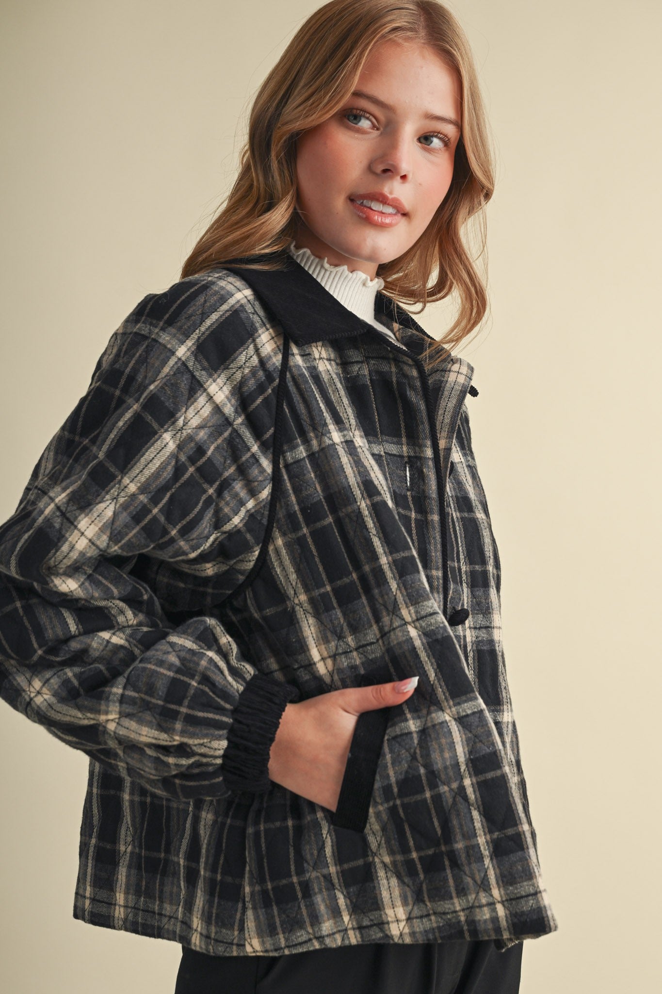 Plaid Country Quilted Jacket in Black Multi Plaid - product photo 2