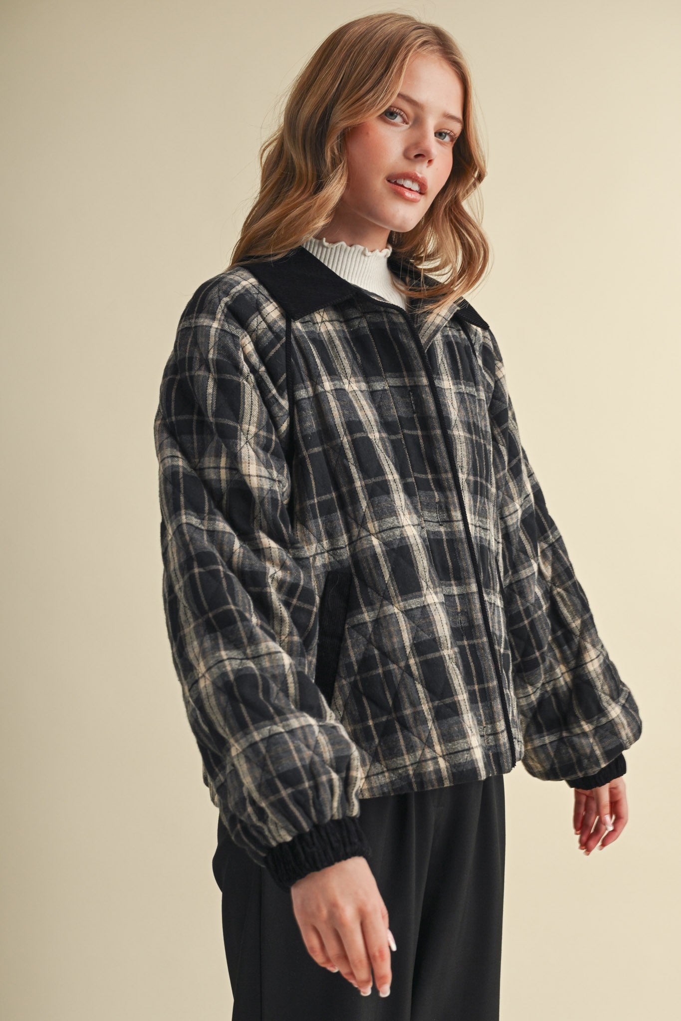 Plaid Country Quilted Jacket in Black Multi Plaid - product photo 5