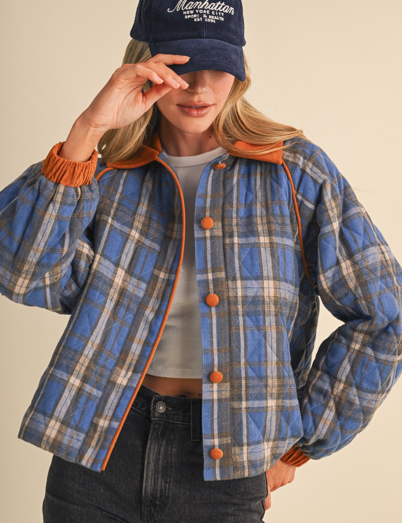 Plaid Country Quilted Jacket in Cornflower Multi Plaid - product photo 2