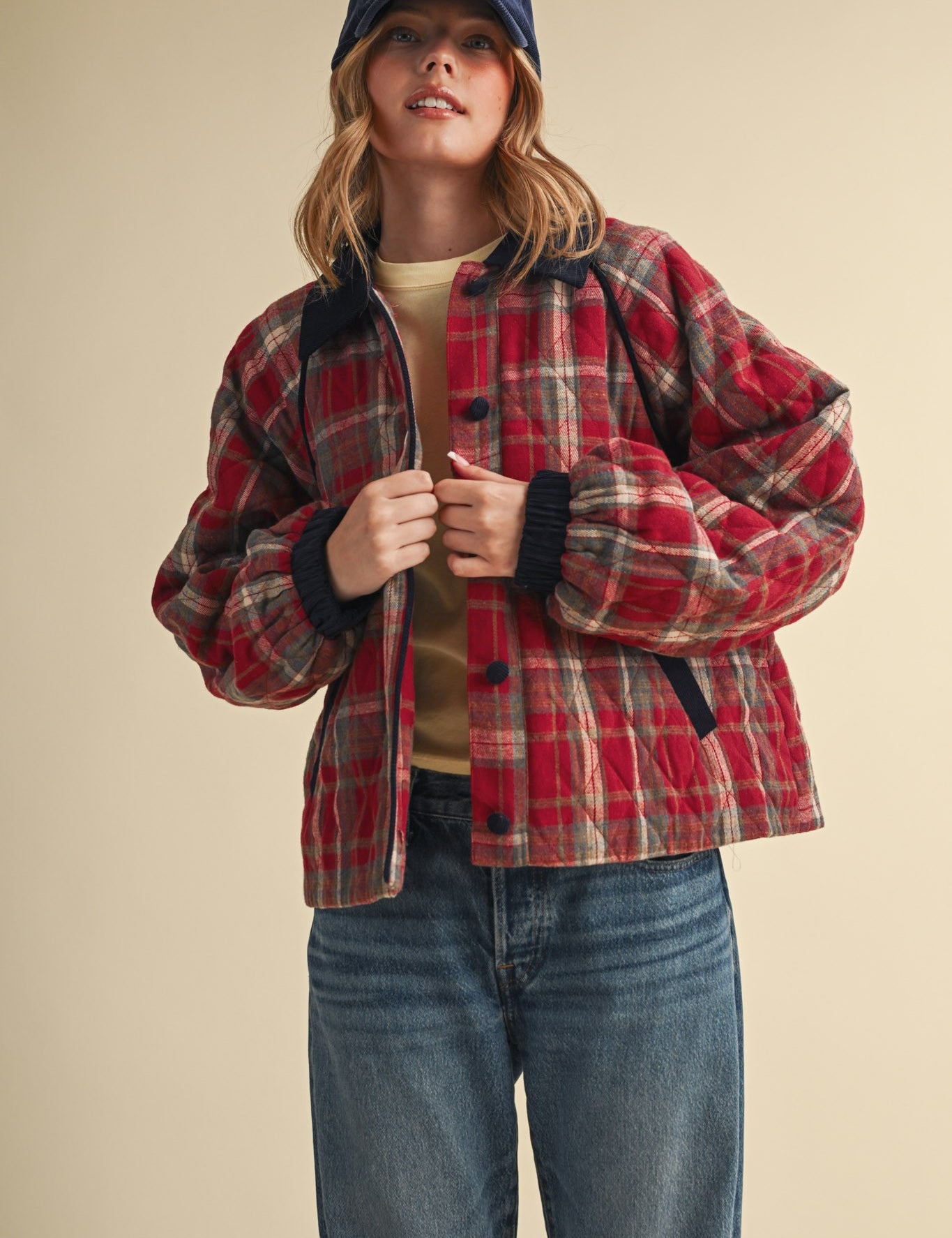 Plaid Country Quilted Jacket in Red Multi Plaid - product photo 1