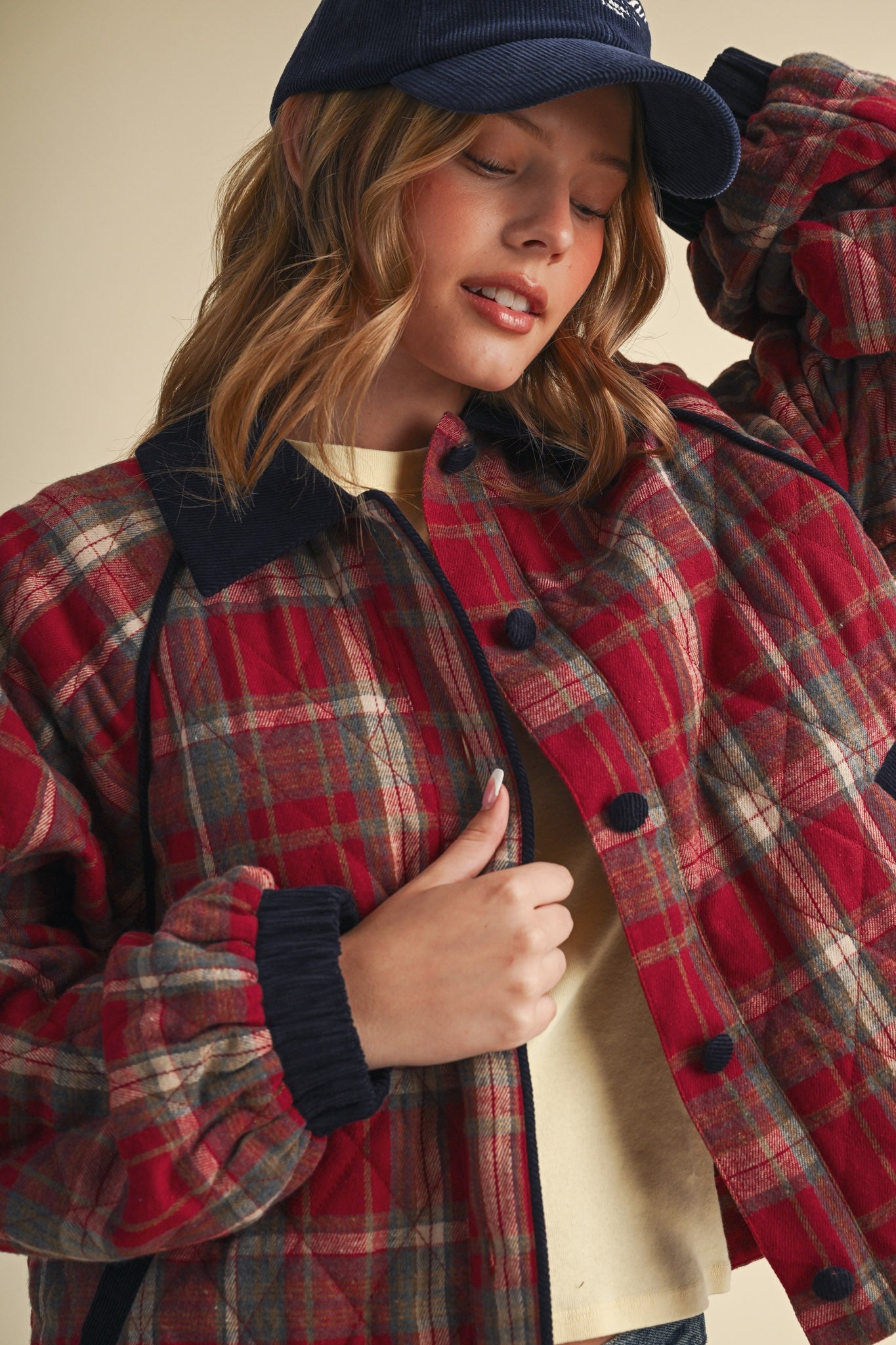 Plaid Country Quilted Jacket in Red Multi Plaid - product photo 3