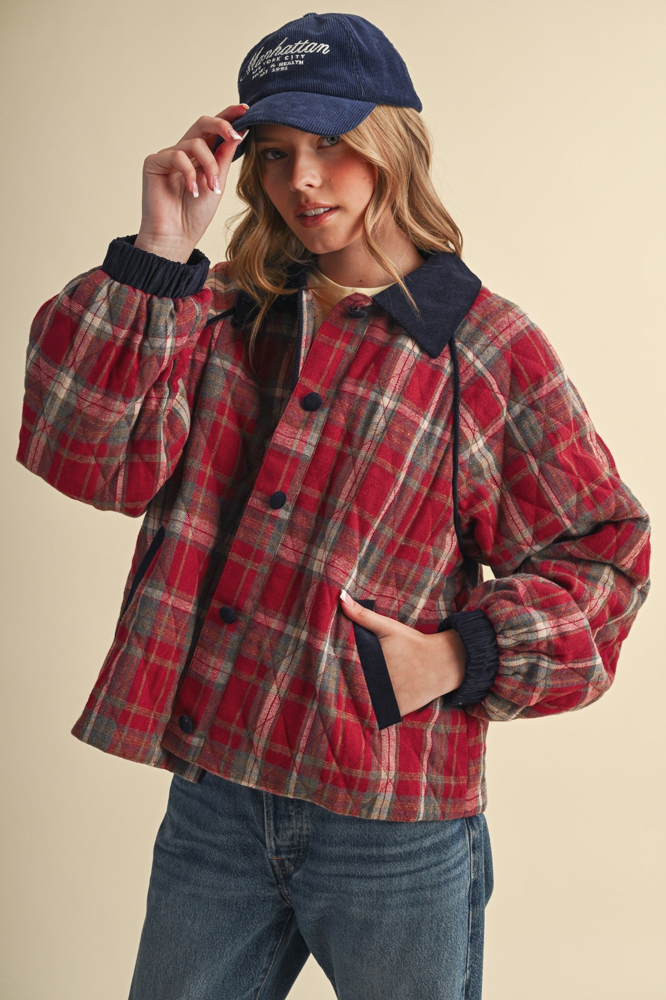Plaid Country Quilted Jacket in Red Multi Plaid - product photo 5