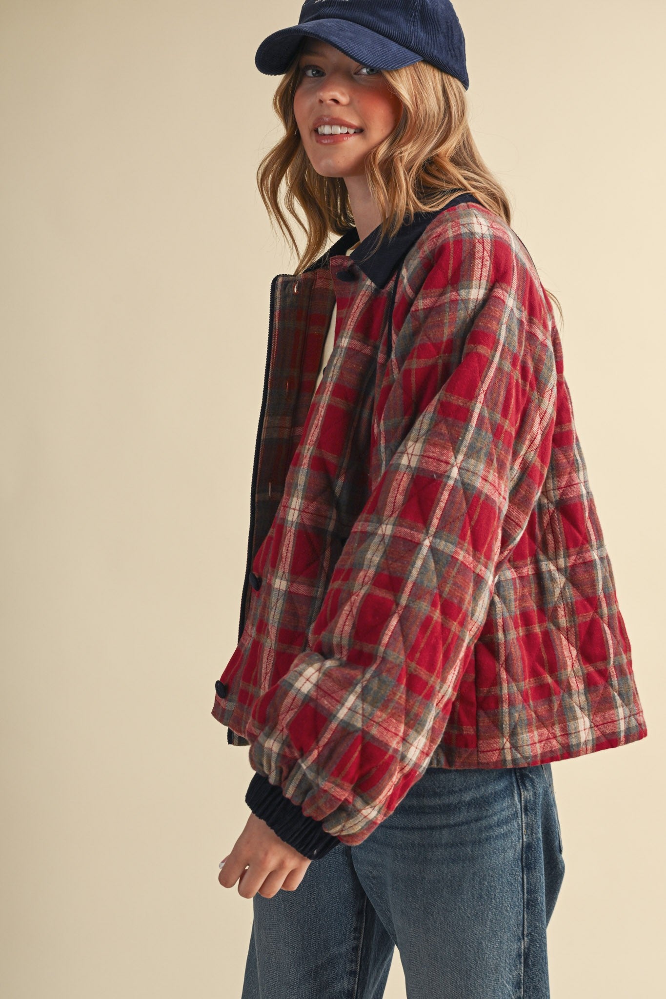 Plaid Country Quilted Jacket in Red Multi Plaid - product photo 6