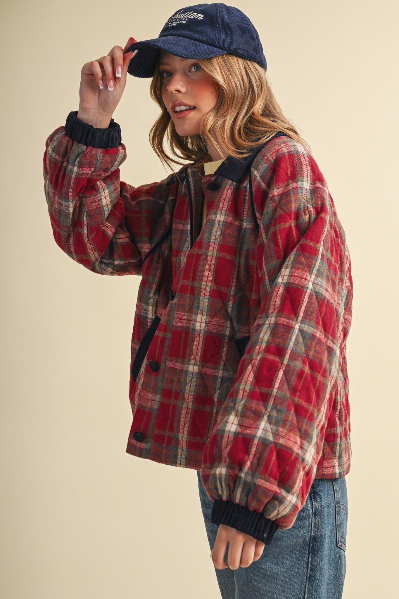 Plaid Country Quilted Jacket in Red Multi Plaid - product photo 8