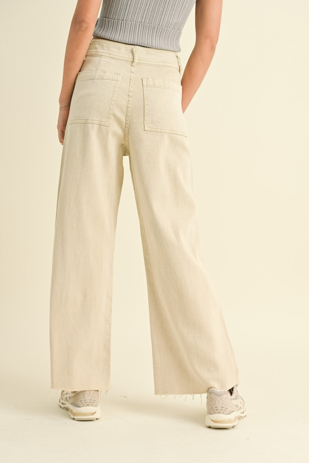 Plainview Raw Hem Wide Leg Jeans - Beige