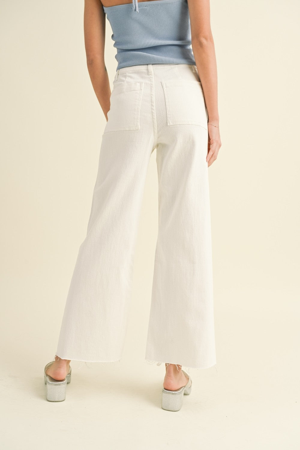 Plainview Raw Hem Wide Leg Jeans - Cream
