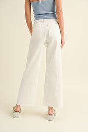 Plainview Raw Hem Wide Leg Jeans - Cream