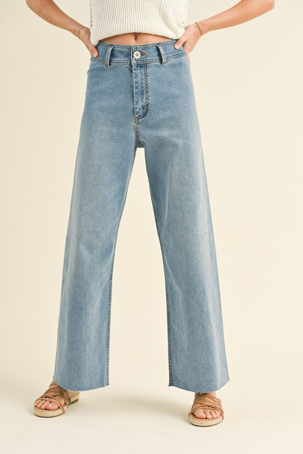 Plainview Raw Hem Wide Leg Jeans - Denim