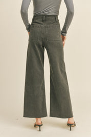 Plainview Raw Hem Wide Leg Jeans - Washed Black